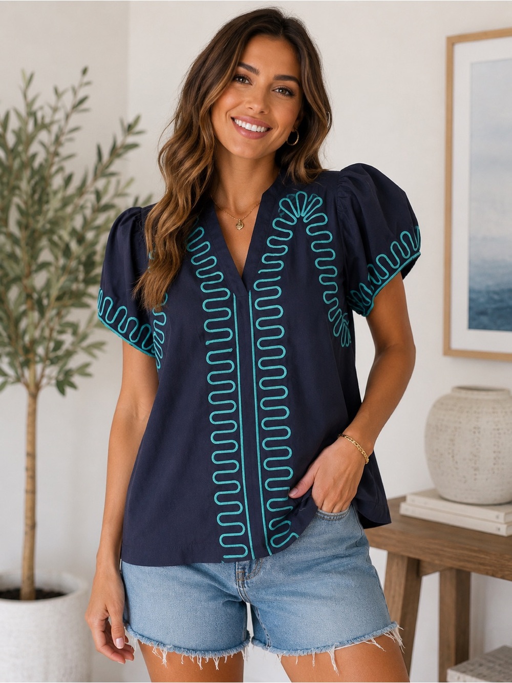 Jodifl Navy Blue Puff Sleeve V-Neck Embroidered Women's Top NWOT Small